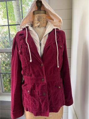 Vintage Y2K For Joseph Fortune Corduroy Utility Hooded Jacket • Burgundy Women L